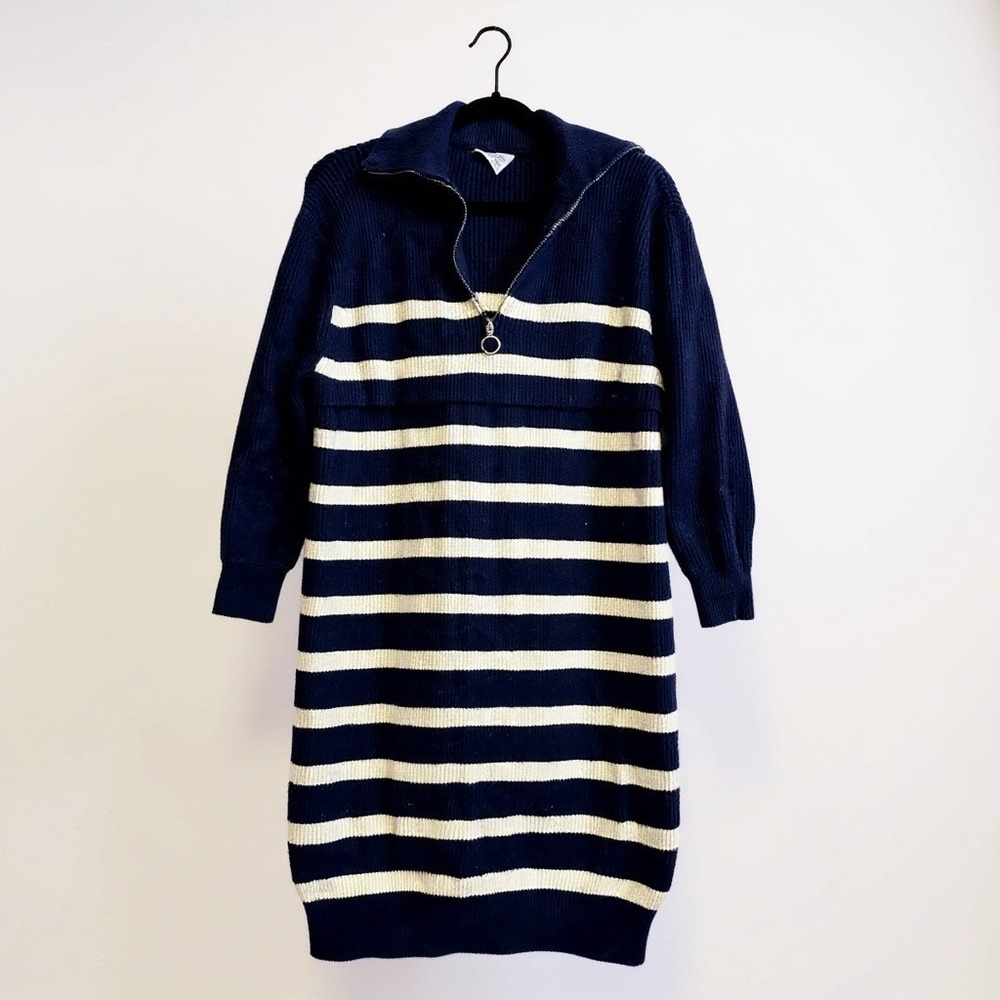 Callahan Knitwear Stripe Sweater Dress Medium Ribbed Knit Quarter‎ Zip Women's